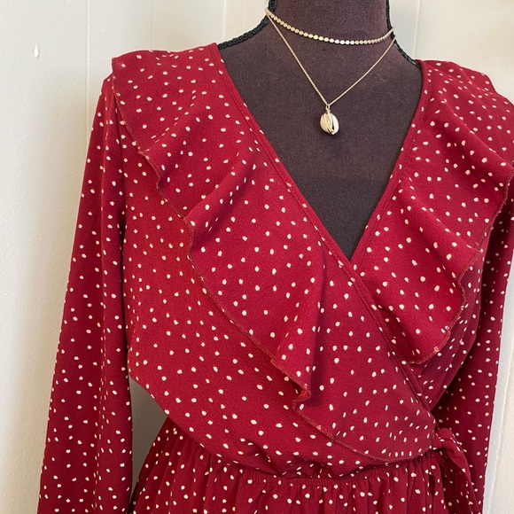 Burgundy Polkadot Wrap Dress - Picture 3 of 9